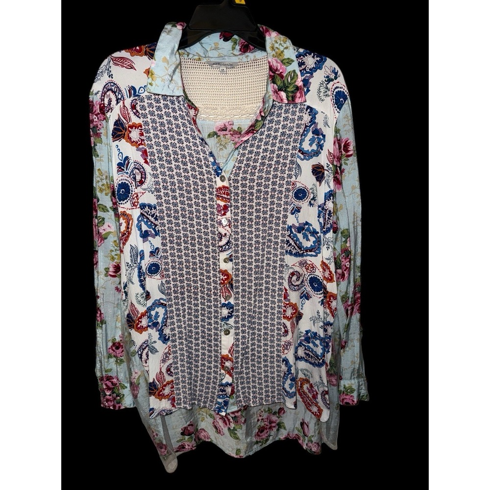 Sz 1X John‎ Mark Mix Media Rose Lace Embroidery Tunic Top Plus Artsy Rayon